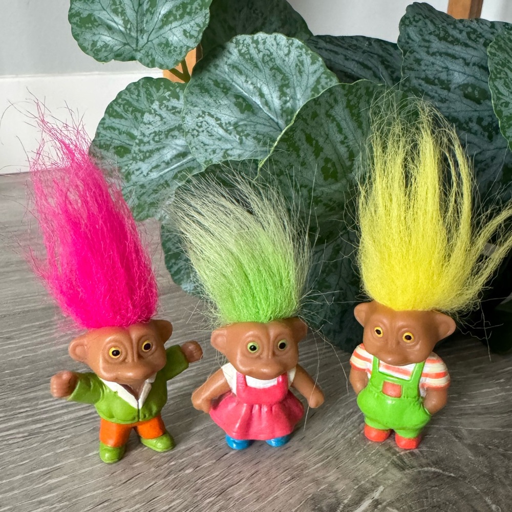 Vintage 80s Soma Troll Dolls Pink, Green, Yellow Hair Lot of 3